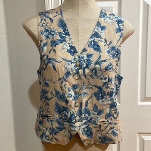 Vintage 90’s Talbots linen vest floral button-down blue cream women’s PP petite